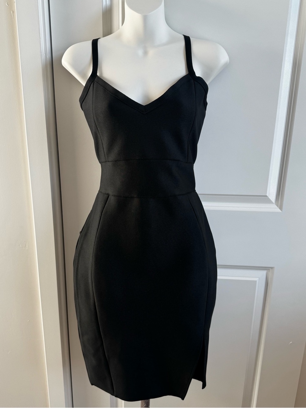 Premium Heavy Black Bandage Bodycon Dress Size L, Form Fitting.